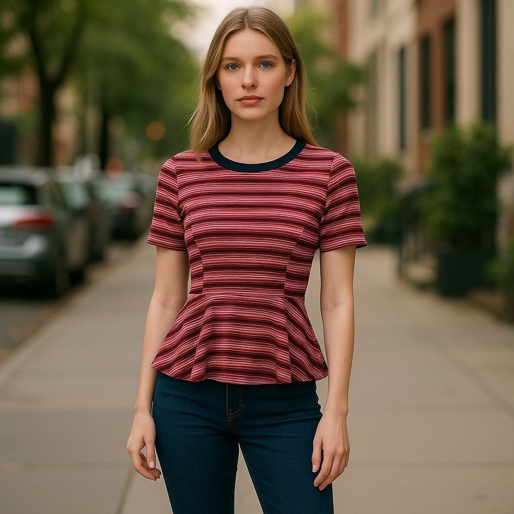 Bordeaux Red Pink Striped Top Size S